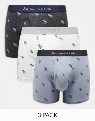 Abercrombie & Fitch – 3er-Pack Unterhosen in Weiß/Blau/Anthrazit mit Markenlogo-Muster und farblich abgestimmtem Logobund