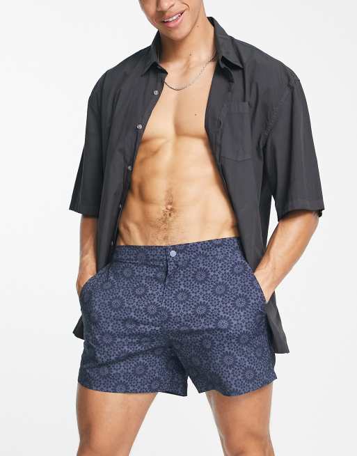 Abercrombie Fitch 5 inch geo tile print pull on swim shorts in navy