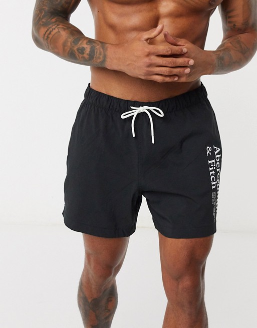 Abercrombie & Fitch 5 inch logo swim shorts in black