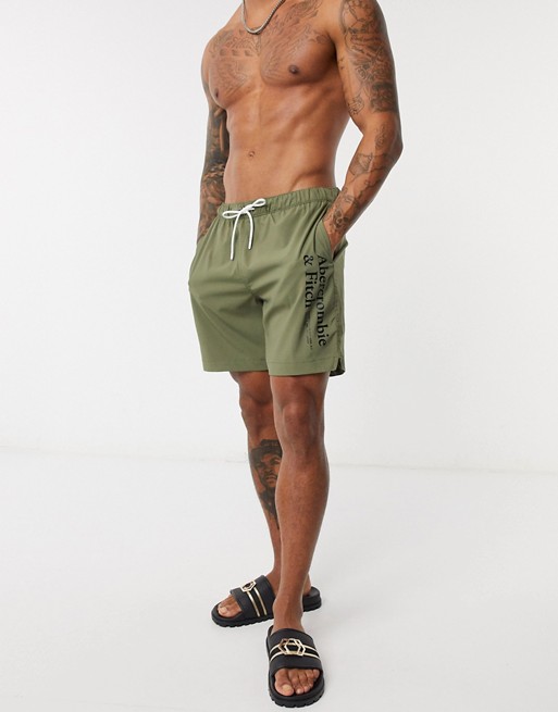 Abercrombie & Fitch 5 inch logo swim shorts in olive
