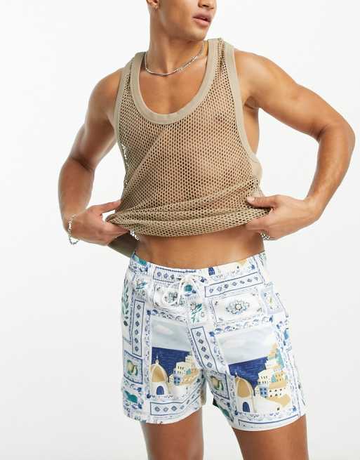 Abercrombie & Fitch 5 inch printed swim shorts in blue ASOS