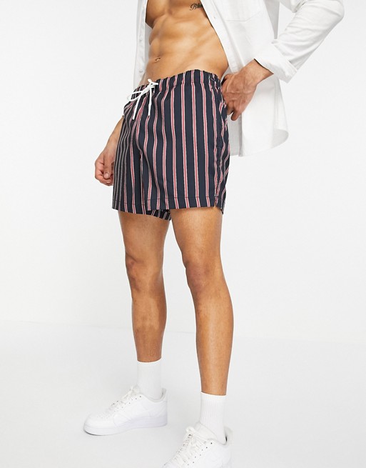 Abercrombie & Fitch 5 inch swim shorts in navy with red stripe
