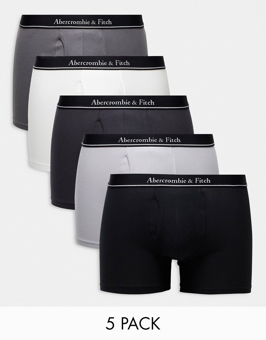 Abercrombie & Fitch 5 pack contrast logo waistband trunks in white/greys-Multi