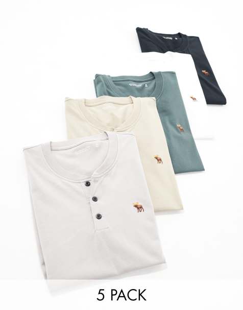 Abercrombie & Fitch 5 pack icon logo henley t-shirt in black/greys/taupe/white - view 1