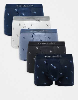 Abercrombie & Fitch 5 pack logo waistband all over icon trunks in blues