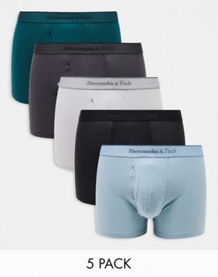 Abercrombie & Fitch 5 pack tonal logo waistband trunks in greens/blues