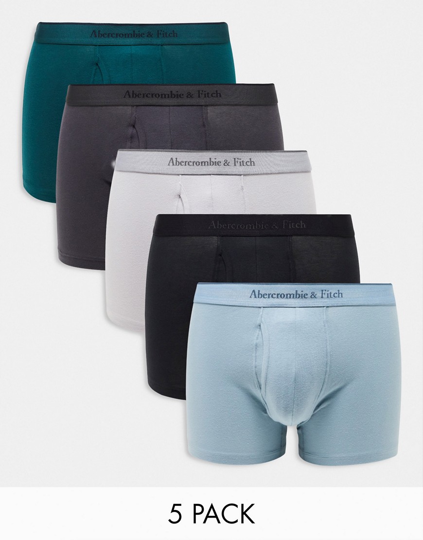 Abercrombie & Fitch 5 pack tonal logo waistband trunks in greens/blues-Multi