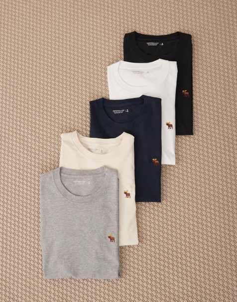 Abercrombie & Fitch – 5er-Pack T-Shirts in Schwarz/Marineblau/Grau/Cremeweiß/Weiß mit Markenlogo - view 1