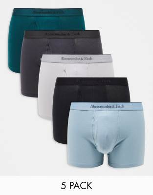 Abercrombie & Fitch – 5er-Pack Unterhosen in Grün- und Blautönen mit farblich abgestimmtem Logobund