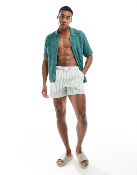 Abercrombie & Fitch 5in pull on stripe print swim shorts in mid green - view 1