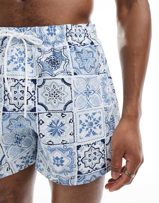 Abercrombie & Fitch 5in pull on tile print seersucker swim shorts in blue, 2 of 4