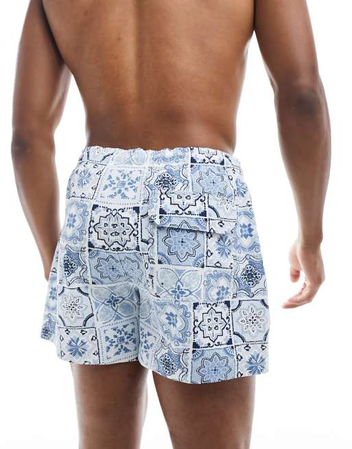 Abercrombie Fitch 5in pull on tile print seersucker swim shorts