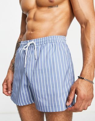 Abercrombie & Fitch 5inch relaxed fit stripe print swim shorts in blue