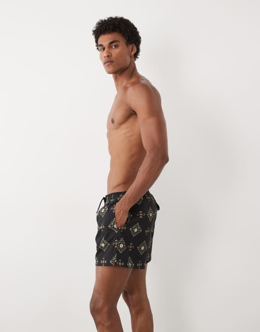 Abercrombie & Fitch 5inch tile print swimming trunks in black, 4 of 5