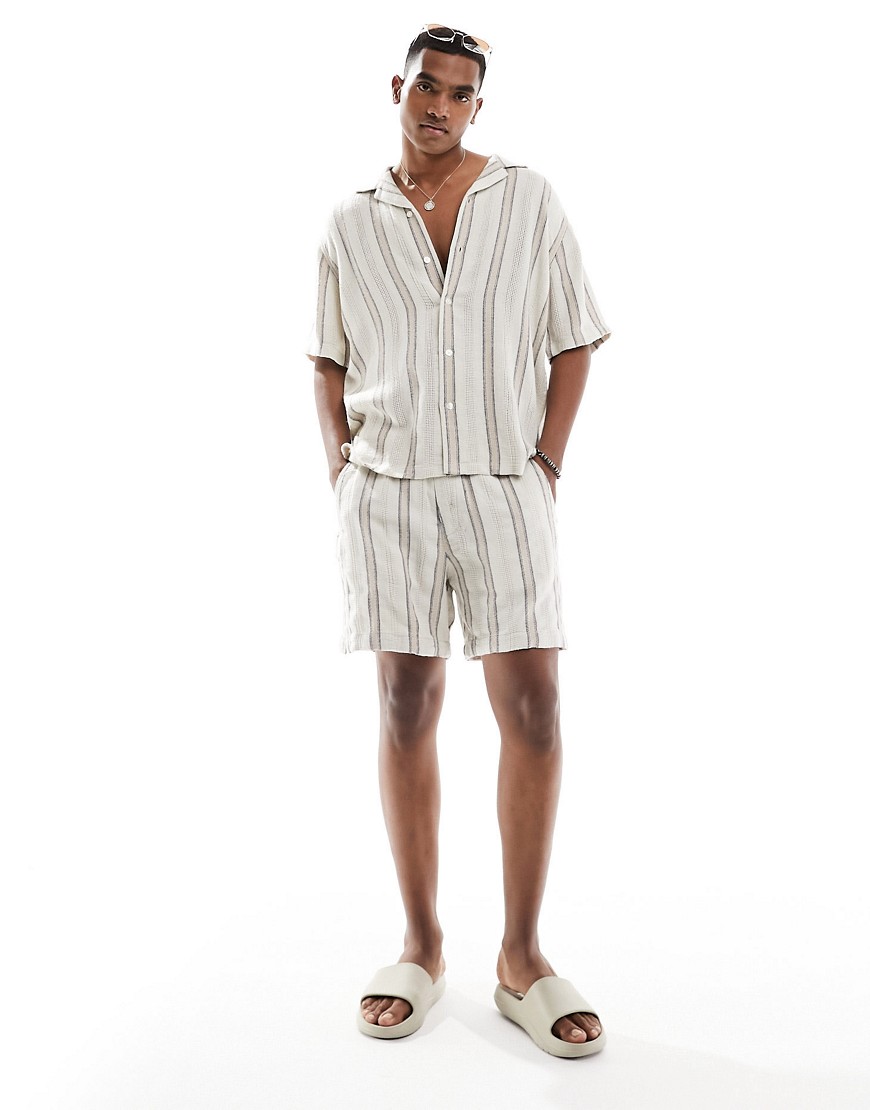 Abercrombie & Fitch 6" dobby stripe pull on shorts in beige/brown co-ord-Neutral