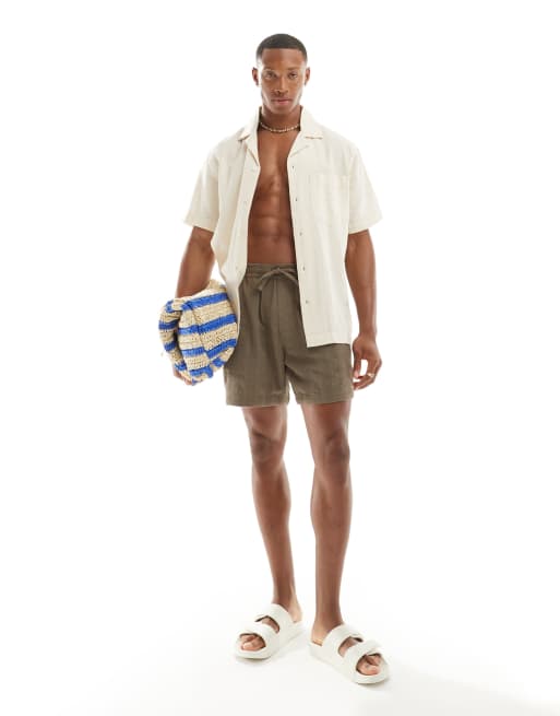 Abercrombie & Fitch 6inch pull on drawstring linen blend shorts in brown, 6 of 6