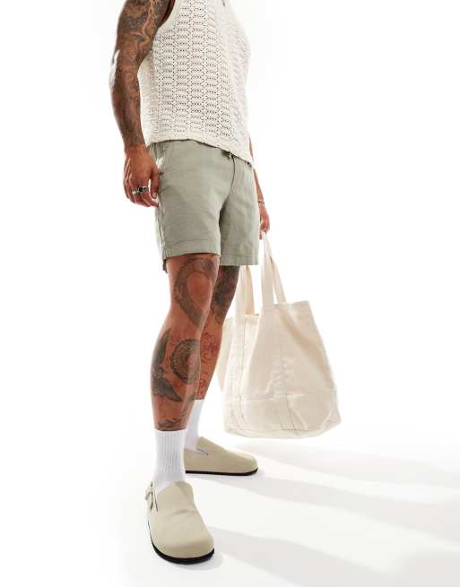 Abercrombie & Fitch 6inch pull on drawstring linen garment dyed shorts in mid green, 2 of 5
