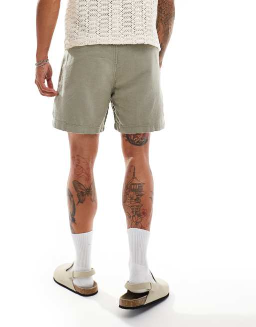 Abercrombie & Fitch 6inch pull on drawstring linen garment dyed shorts in mid green, 4 of 5