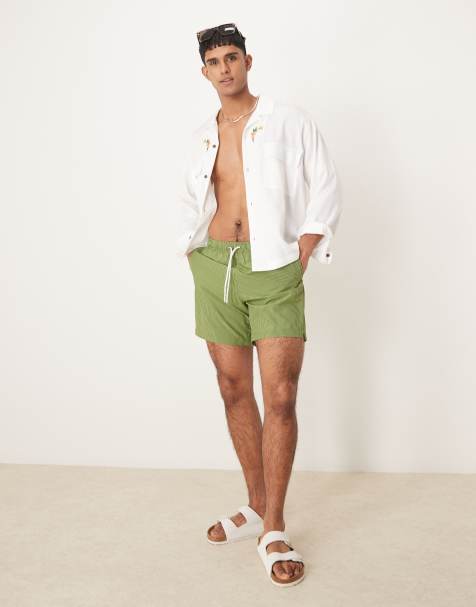 Abercrombie & Fitch 7-inch drawstring swimming trunks in green stripe - view 1