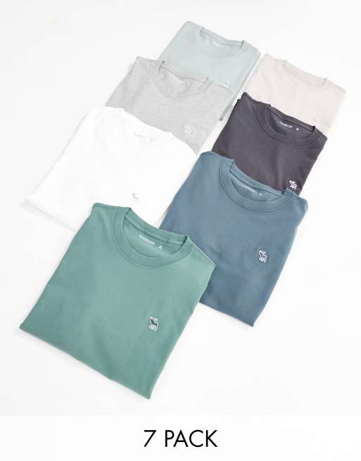 Abercrombie & Fitch – 7er-Pack T-Shirts in Grau/Grün/Beige/Weiß mit Markenlogo