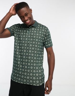 Abercrombie & Fitch all over geometric print airknit polo in dark green