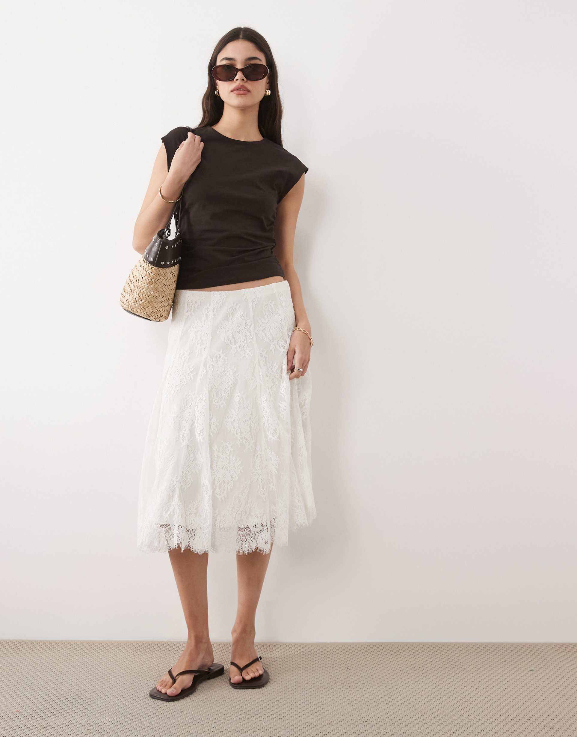 abercrombie & fitch all over lace midi skirt in cream