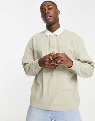 Abercrombie & Fitch anniversary gradient chest logo long sleeve rugby polo in tan