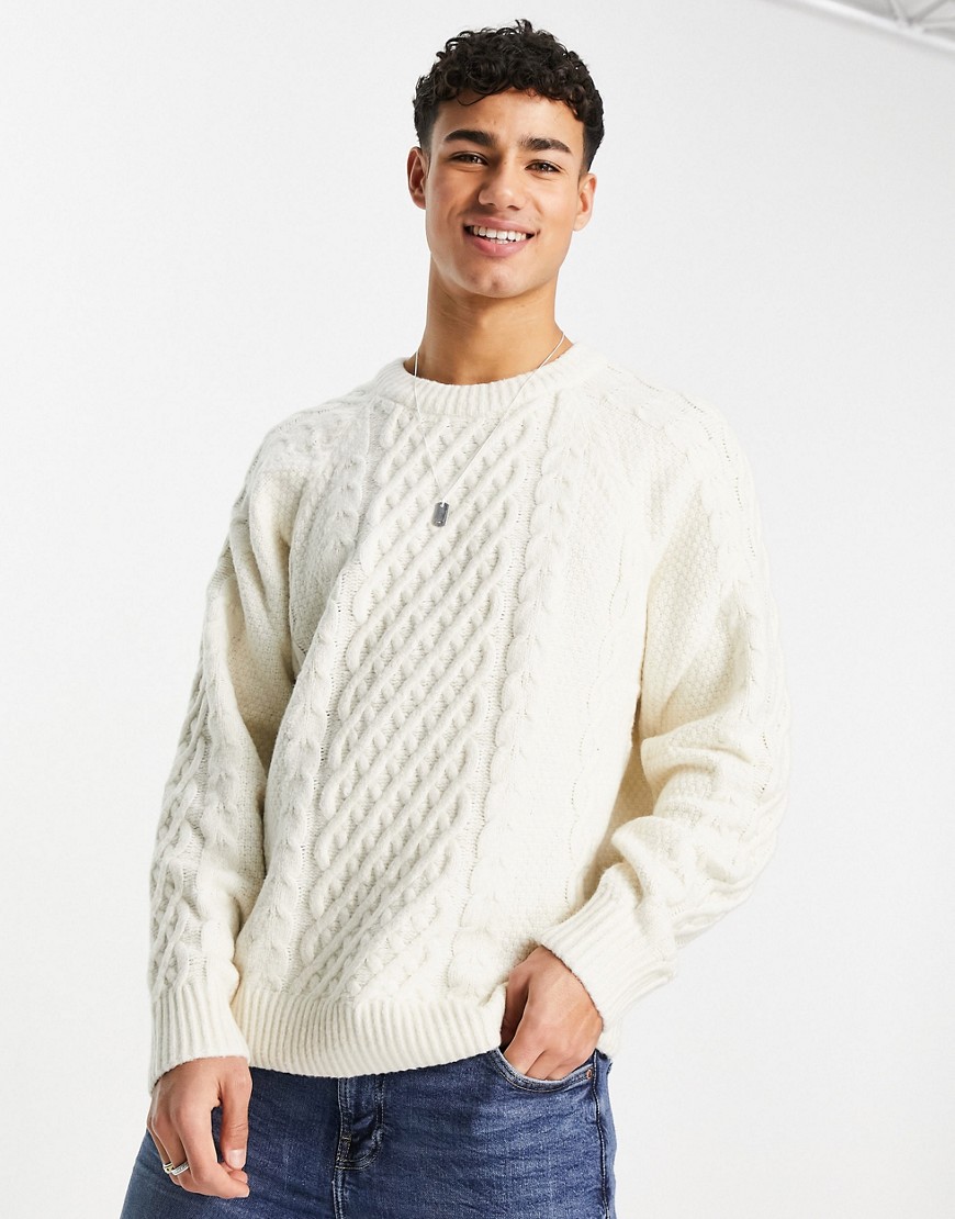 Abercrombie & Fitch Aran Cable Knit Crew Neck Sweater In Cream-white