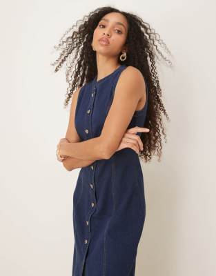 Abercrombie & Fitch - Ärmelloses Midi-Jeanskleid in dunkelblauer Waschung mit durchgehender Knopfleiste