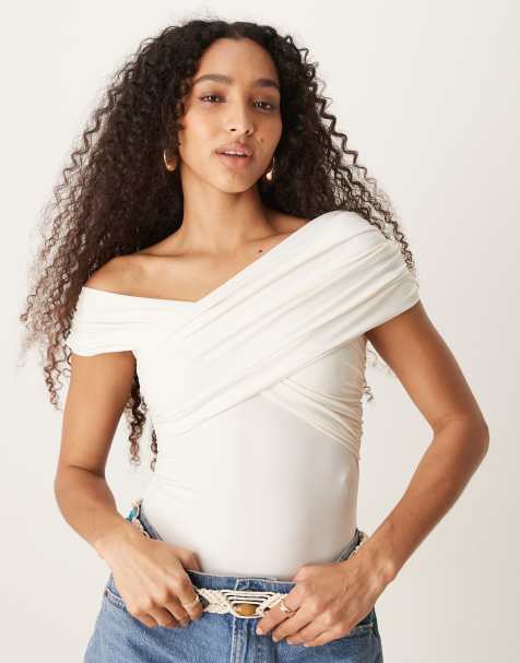 Abercrombie & Fitch off shoulder asymetric wrap bodysuit in white