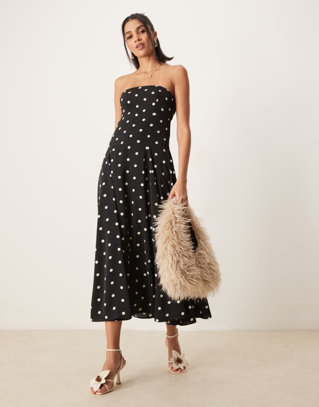 Abercrombie & Fitch asymmetric strapless clasp back midi dress in black  polkadot | ASOS