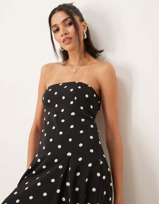 Abercrombie & Fitch asymmetric strapless clasp back midi dress in black  polkadot | ASOS