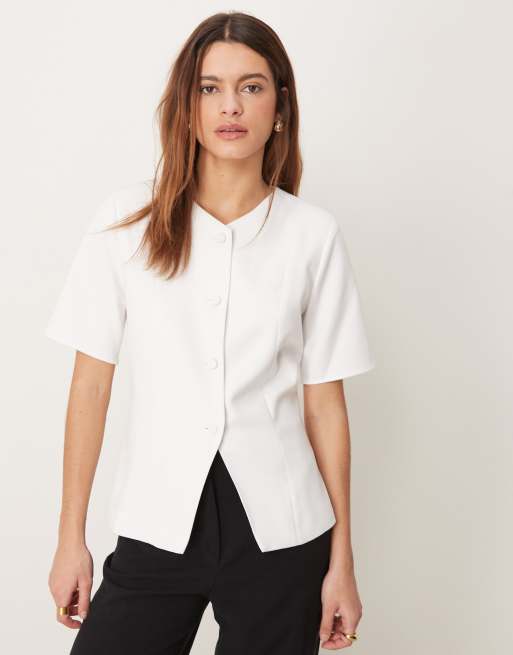 Abercrombie & Fitch asymmetric tailored linen mix vest in white