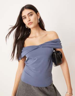 asymmetric twist off the shoulder top in indigo-Blue
