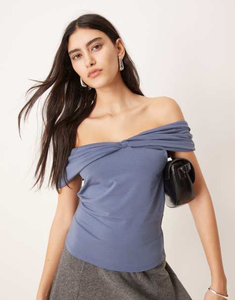 Abercrombie & Fitch asymmetric twist off the shoulder top in indigo - view 1