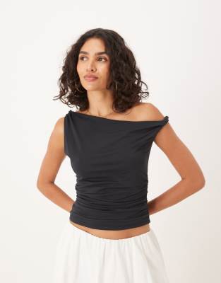 asymmetric twist one shoulder top in black