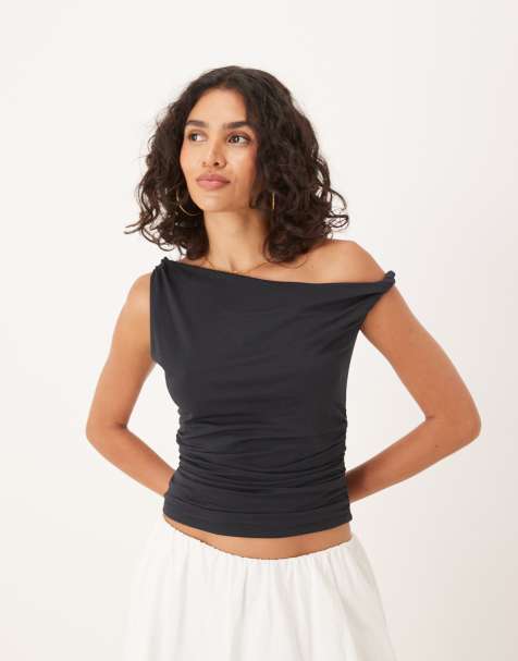 Abercrombie & Fitch asymmetric twist one shoulder top in black - view 1