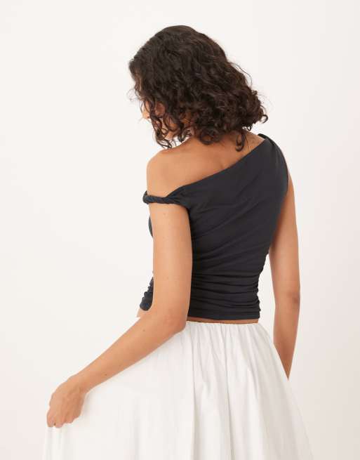 Abercrombie & Fitch asymmetric twist one shoulder top in black, 2 of 4