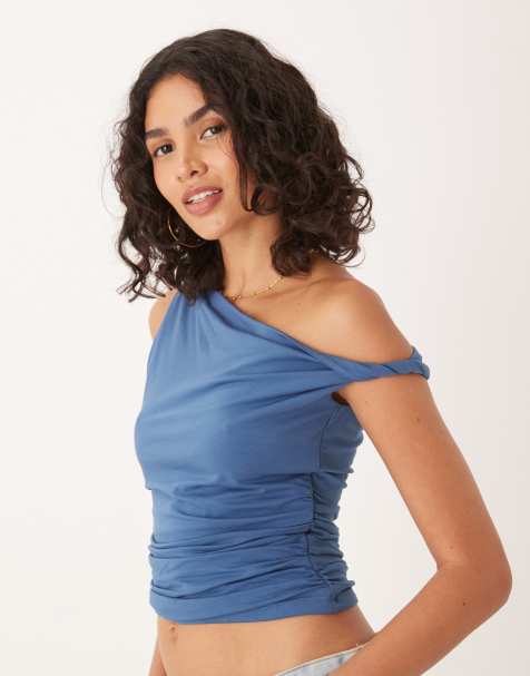 Abercrombie & Fitch asymmetric twist one-shoulder top in blue - view 1