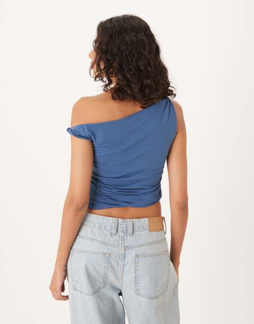 Abercrombie & Fitch asymmetric twist one shoulder top in blue, 2 of 4