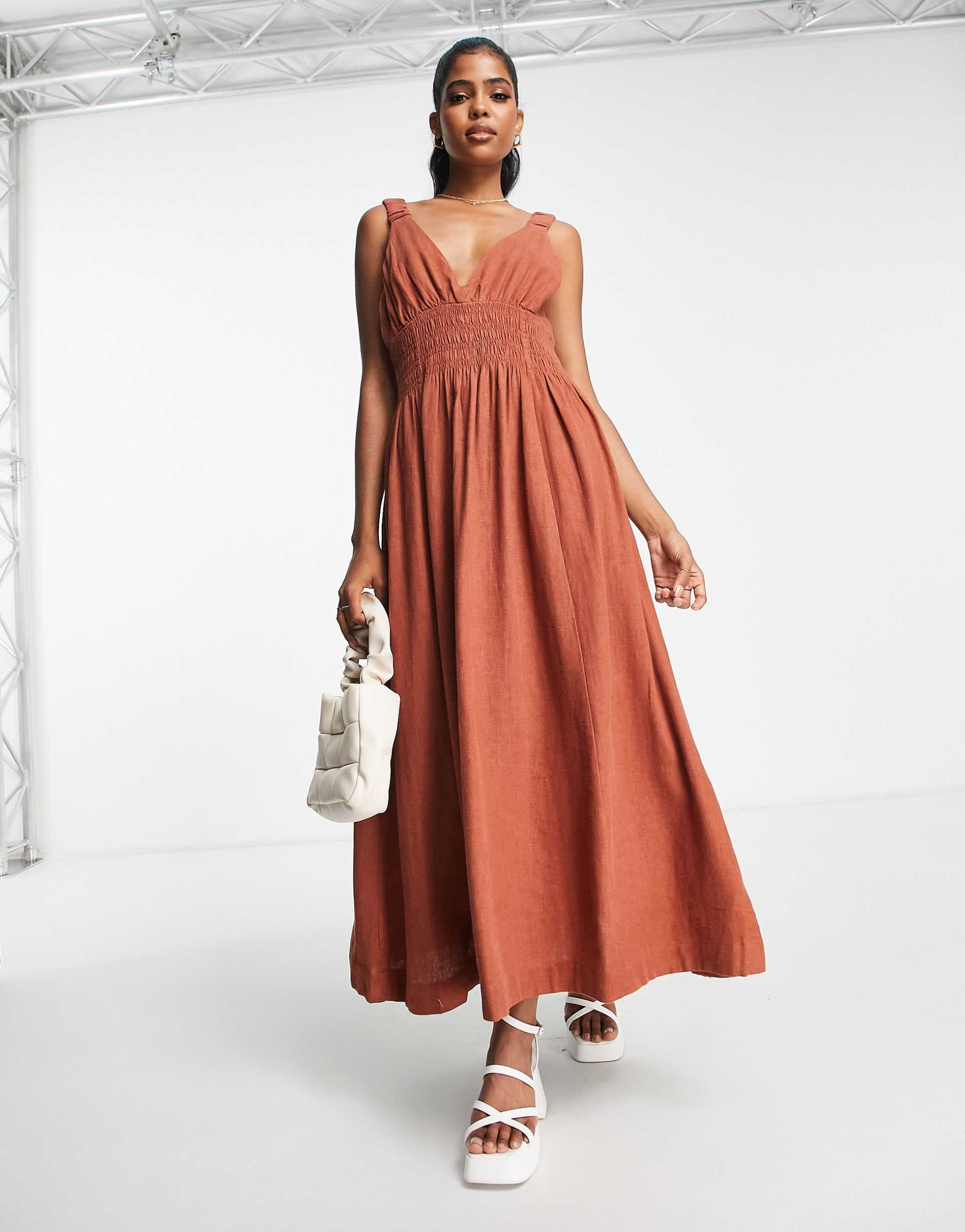 abercrombie & fitch asymmetrical scrunchie strap maxi dress in brown