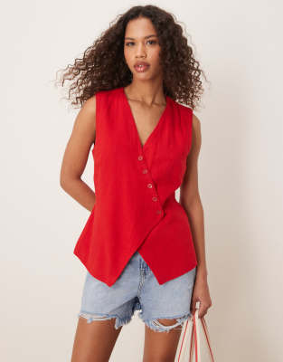 Abercrombie & Fitch - Asymmetrisches Longline-Trägertop aus Leinen in Salsa-Rot