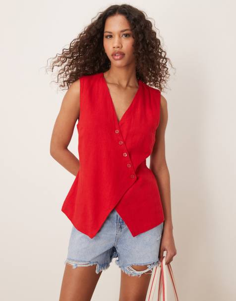 Abercrombie & Fitch – Asymmetrisches Longline-Trägertop aus Leinen in Salsa-Rot - view 1