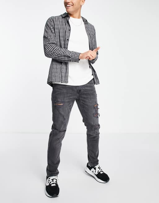 Abercrombie & Fitch - Athletic - Jeans med sliddetaljer i vasket sort i skinny fit