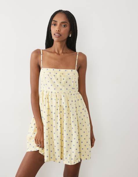 Abercrombie & Fitch babydoll mini jurk met bandjes en vierkante hals in gele polkadot - view 1