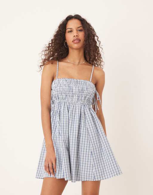 Abercrombie & Fitch babydoll smocked mini dress in blue gingham