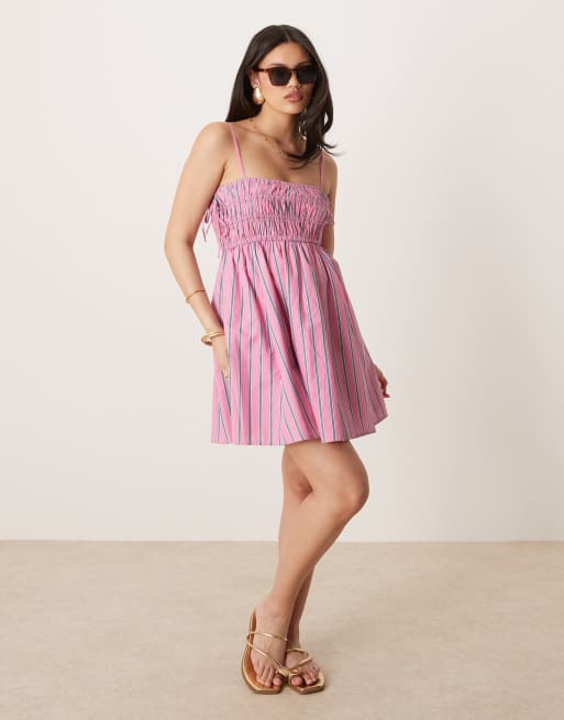 Abercrombie & Fitch babydoll smocked poplin maxi dress in pink and blue  stripes | ASOS