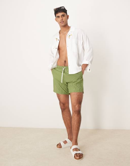 Abercrombie & Fitch – Badehose in Grün gestreift mit Kordelzug und 7 Zoll Schrittlänge