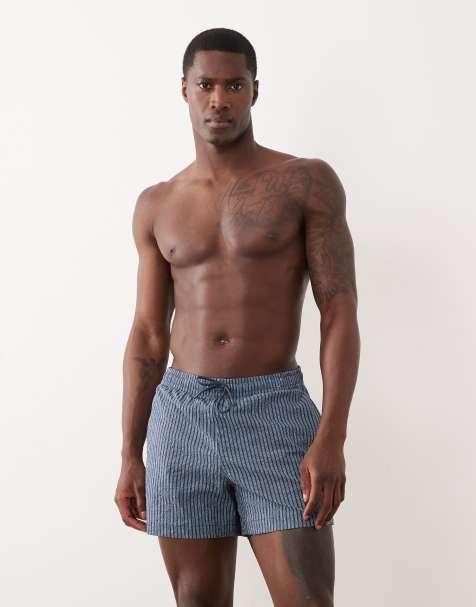 Abercrombie & Fitch – Badehose in Marineblau gestreift mit elastischem Bund, 5 Zoll Schrittlänge - view 1