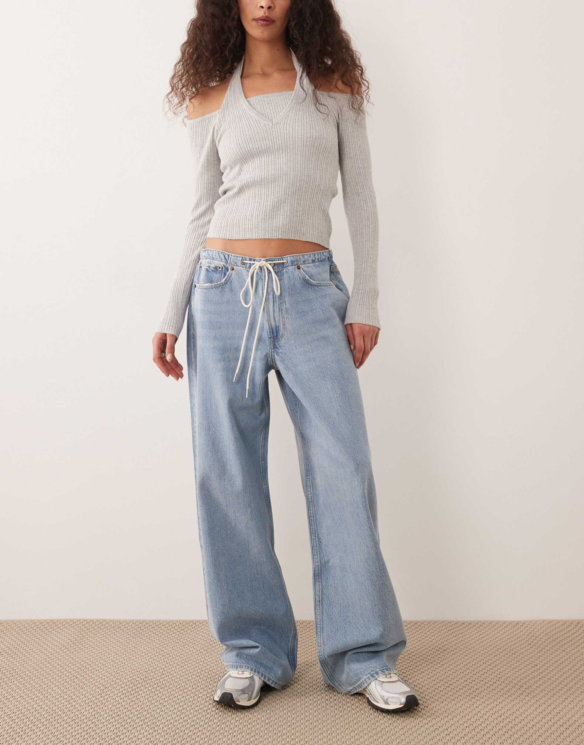 abercrombie & fitch baggy fit jean with drawstring waist detail in light blue wash